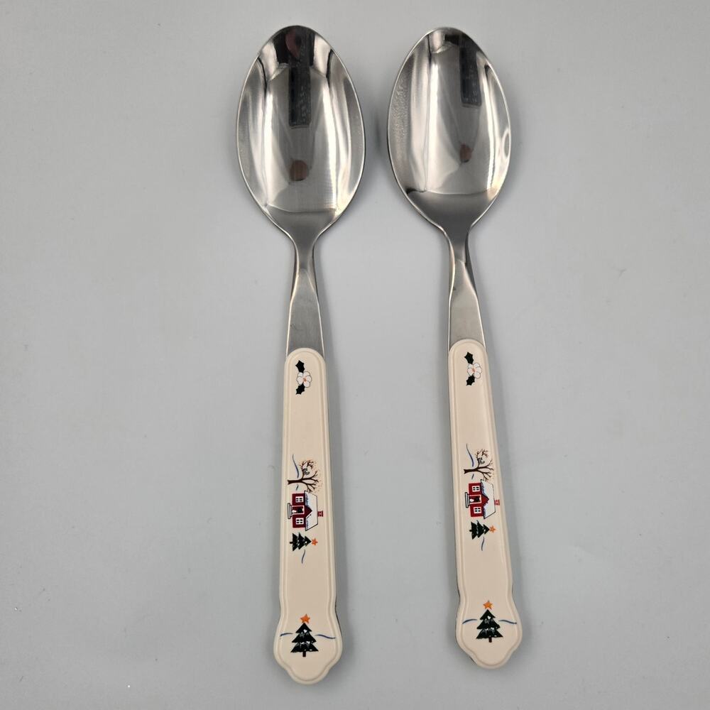 Two Pfaltzgraff Snow Village Stainless Steel Dinner Spoons Replacements